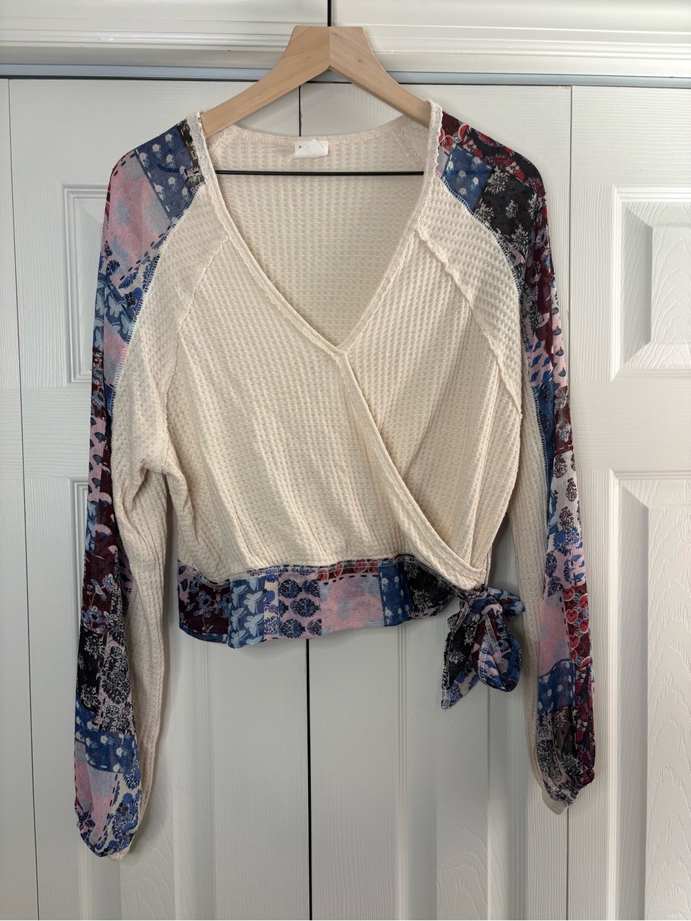 Women’s By Together patchwork waffle knit long sleeve shirt w/tie waist size S